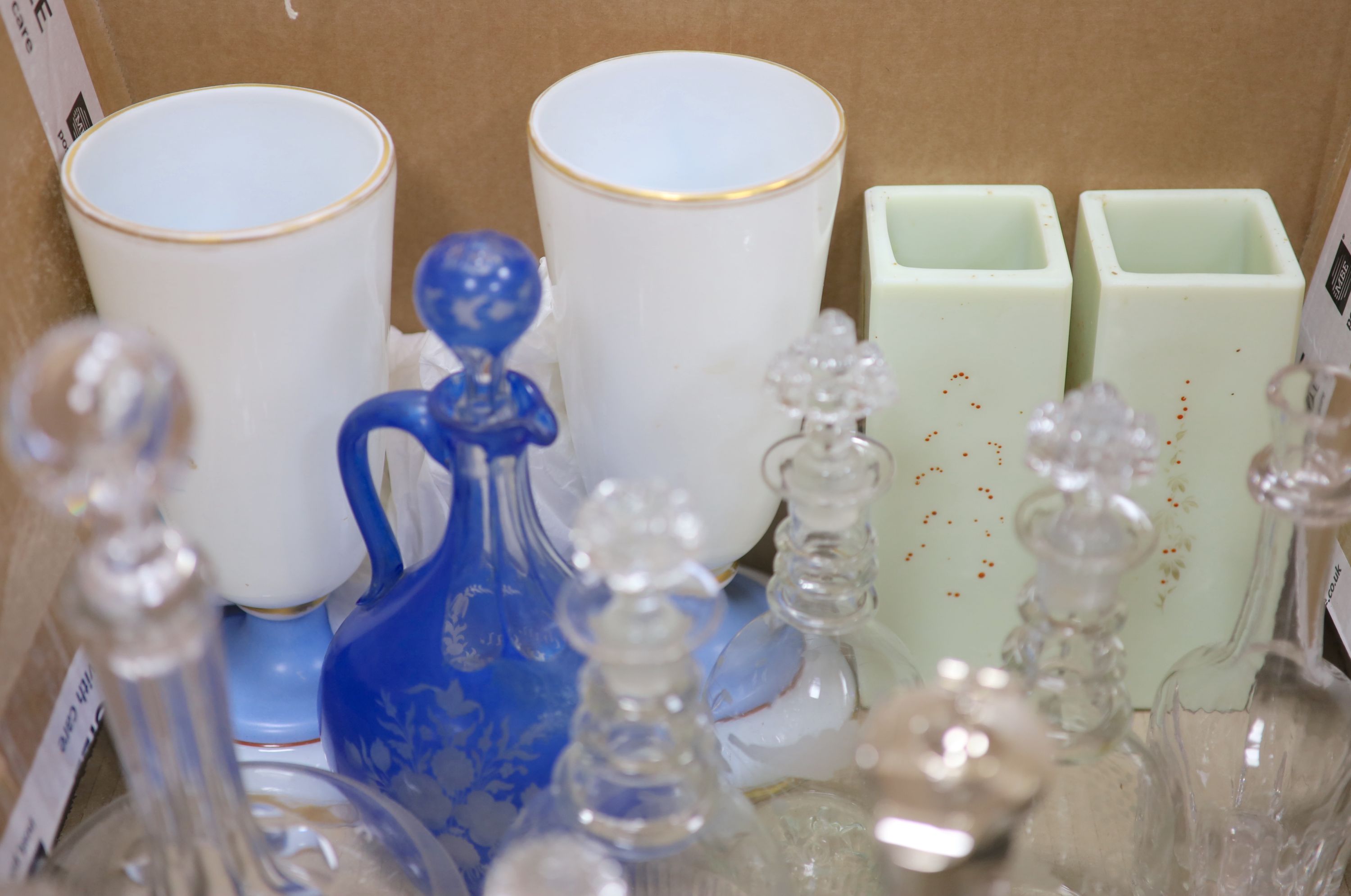 Various 19th century and later decanters, pair of enamelled glass vases etc.